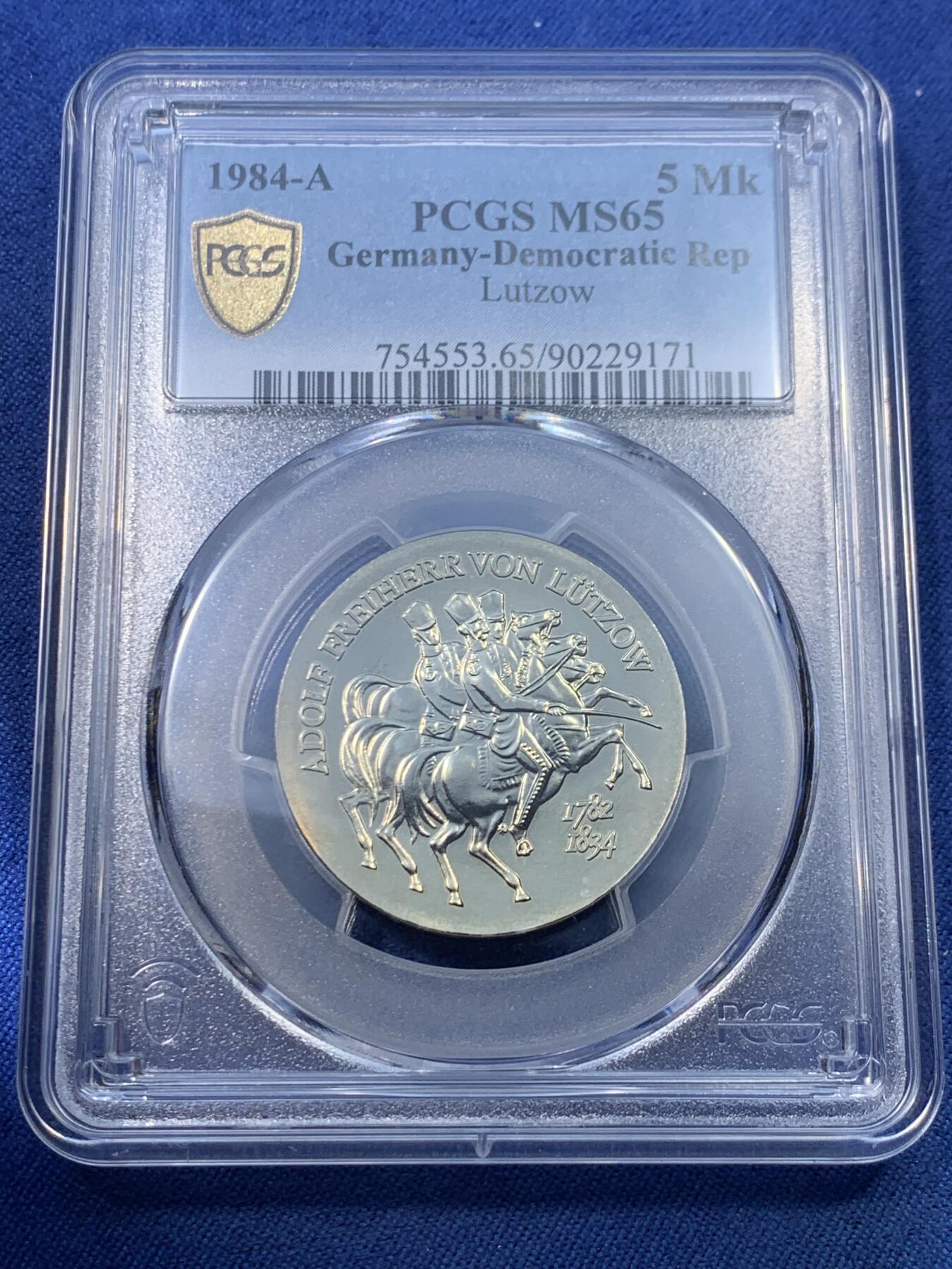 《竞宝斋》第475场 周日，周一 2场连拍 （全场包邮）欢迎送拍 PCGS MS65 东德1984年阿道夫·弗赖赫尔·冯·吕措将军逝世150周年5马克纪念币