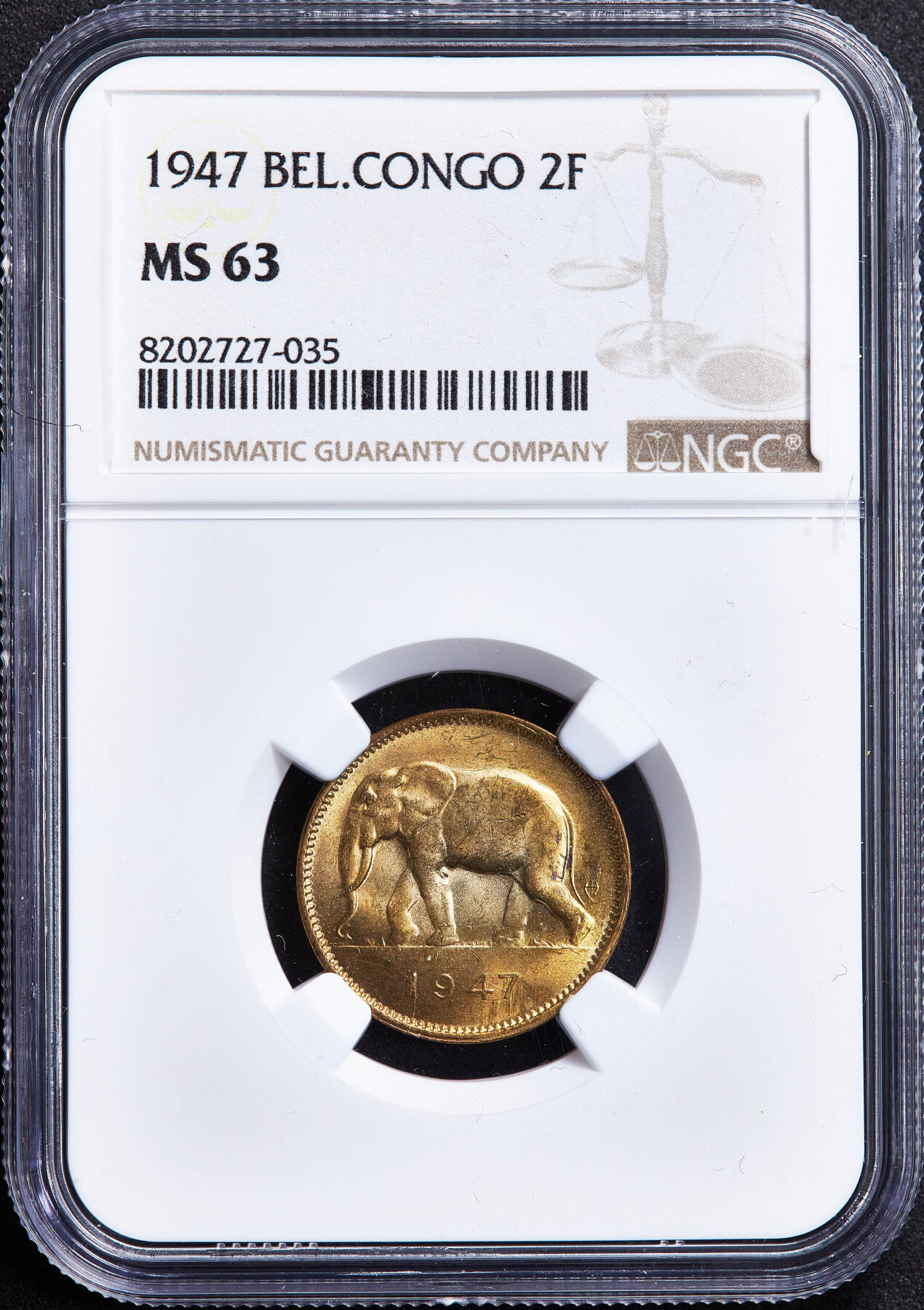 【俄甄集藏】2026年(050)04-01星期三 晚 19:30 全场包邮 比属刚果1947年大象2法郎铜币，NGC MS63，转光品相