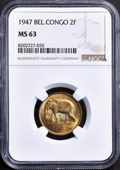 【俄甄集藏】2026年(050)04-01星期三 晚 19:30 全场包邮 - 比属刚果1947年大象2法郎铜币，NGC MS63，转光品相