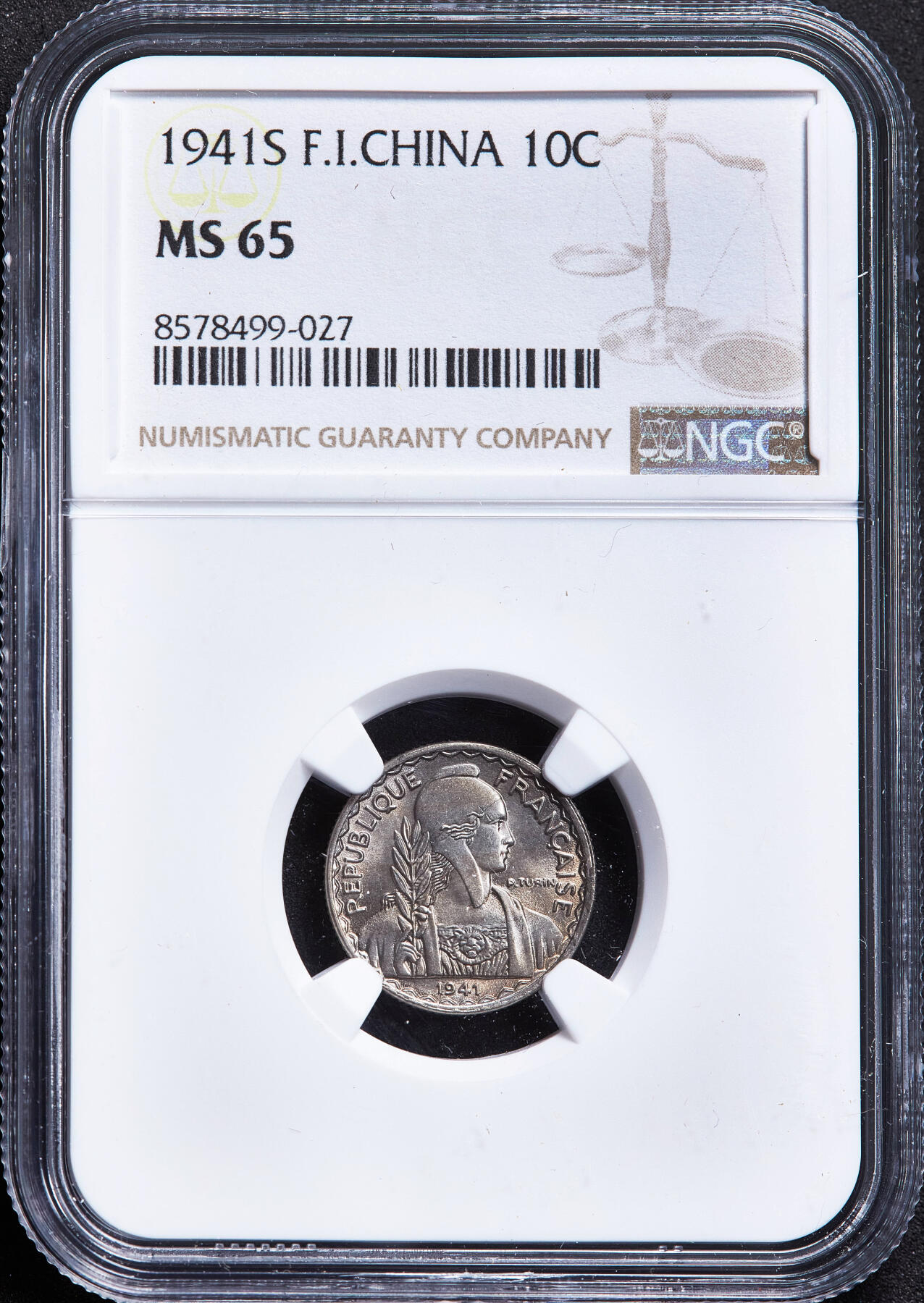 【俄甄集藏】2026年(050)04-01星期三 晚 19:30 全场包邮 法属印度支那1941年S版10分镍币，NGC MS65，黄油彩，转光品相