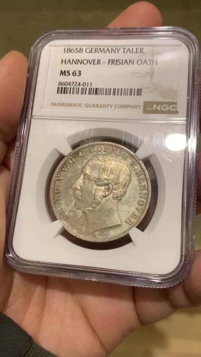 《竞宝斋》第475场 周日，周一 2场连拍 （全场包邮）欢迎送拍 NGC MS63 德国汉诺威1865橡树泰勒银币 实物PL质感 状态很不错 泰勒名誉品 铸造量2000枚 季军分