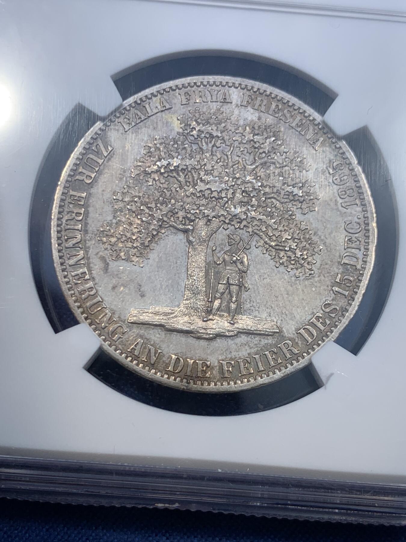 《竞宝斋》第475场 周日，周一 2场连拍 （全场包邮）欢迎送拍 NGC MS63 德国汉诺威1865橡树泰勒银币 实物PL质感 状态很不错 泰勒名誉品 铸造量2000枚 季军分