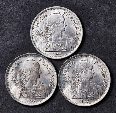 【俄甄集藏】2026年(050)04-01星期三 晚 19:30 全场包邮 - 法属印度支那1947年1皮阿斯特镍币3枚一组，原光品相