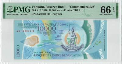 小福收藏拍卖第204期 评级币精选场 本期有 荷兰经典AA冠拿杯子的蛇 叙利亚世遗帕尔米拉古城豹子号冠军分 法国红衣主教冠军分 意大利经典达芬奇   白俄罗斯 "Millennium" 纪念版AA冠全同千位号全套  南斯拉夫铁托未发行版 美国 墨西哥 越南 法属印度支那等多国精美高分珍稀老钞精品纸币 - 瓦努阿图 2010年 10000瓦图 塑料纪念钞 AA首冠 无47 百位115号 PMG66 EPQ