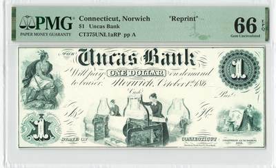 小福收藏拍卖第204期 评级币精选场 本期有 荷兰经典AA冠拿杯子的蛇 叙利亚世遗帕尔米拉古城豹子号冠军分 法国红衣主教冠军分 意大利经典达芬奇   白俄罗斯 "Millennium" 纪念版AA冠全同千位号全套  南斯拉夫铁托未发行版 美国 墨西哥 越南 法属印度支那等多国精美高分珍稀老钞精品纸币 - 美国 康涅狄格诺维奇 Uncas银行 1美元 绿色油墨厚纸版 重印 PMG66 EPQ