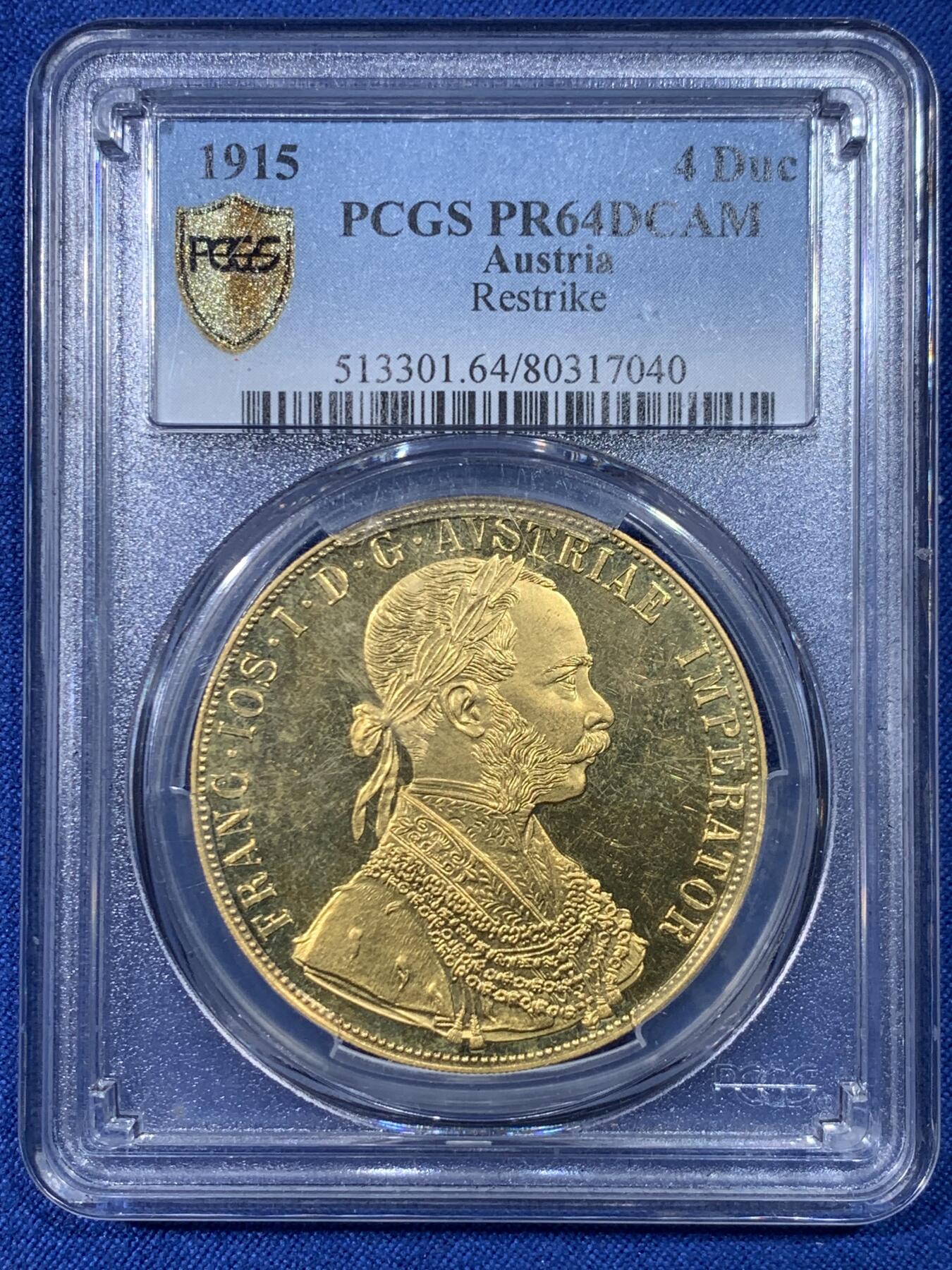 《竞宝斋》第475场 周日，周一 2场连拍 （全场包邮）欢迎送拍 PCGS PR64DCAM 奥地利1915年弗朗茨一世4杜卡特金币，13.96克，986金。实际铸造于1920-1936年左右 主要用于储备和对外贸易，精制版本少见  
