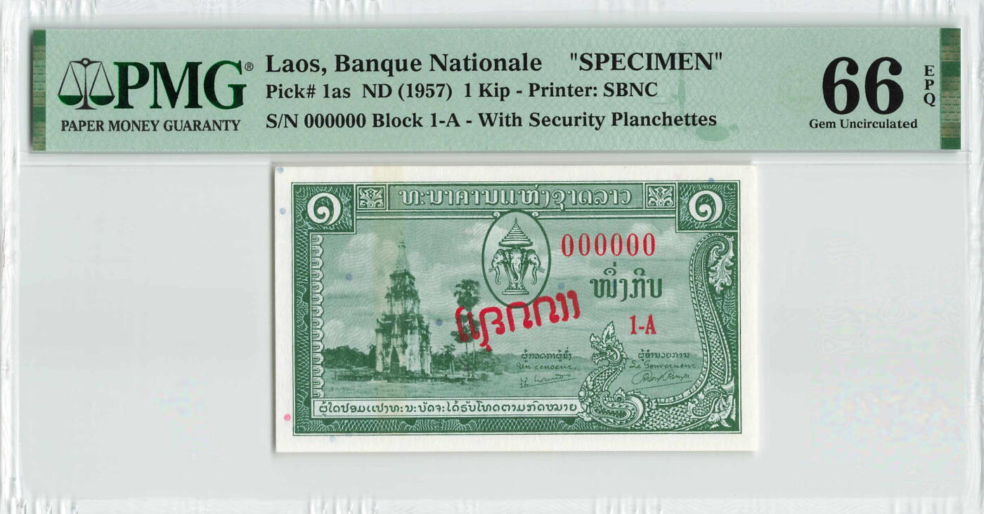 小福收藏拍卖第204期 评级币精选场 本期有 荷兰经典AA冠拿杯子的蛇 叙利亚世遗帕尔米拉古城豹子号冠军分 法国红衣主教冠军分 意大利经典达芬奇   白俄罗斯 "Millennium" 纪念版AA冠全同千位号全套  南斯拉夫铁托未发行版 美国 墨西哥 越南 法属印度支那等多国精美高分珍稀老钞精品纸币 老挝 1957年 1基普 美钞版 少见样钞 PMG66 EPQ 季军分