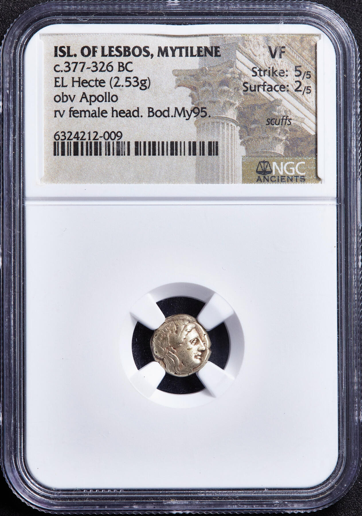 【俄甄集藏】2026年(050)04-01星期三 晚 19:30 全场包邮 古希腊莱斯博斯岛公元前377年-前326年太阳神与月神1/6标准重琥珀金币，NGC VF(Str 5/5, Sur 2/5)，米蒂利尼城邦发行，直径：10mm，重量：2.53克，正面头带桂冠的阿波罗面右像，背面女性头像月神阿尔忒弥斯，稀少