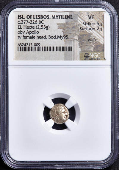 【俄甄集藏】2026年(050)04-01星期三 晚 19:30 全场包邮 - 古希腊莱斯博斯岛公元前377年-前326年太阳神与月神1/6标准重琥珀金币，NGC VF(Str 5/5, Sur 2/5)，米蒂利尼城邦发行，直径：10mm，重量：2.53克，正面头带桂冠的阿波罗面右像，背面女性头像月神阿尔忒弥斯，稀少