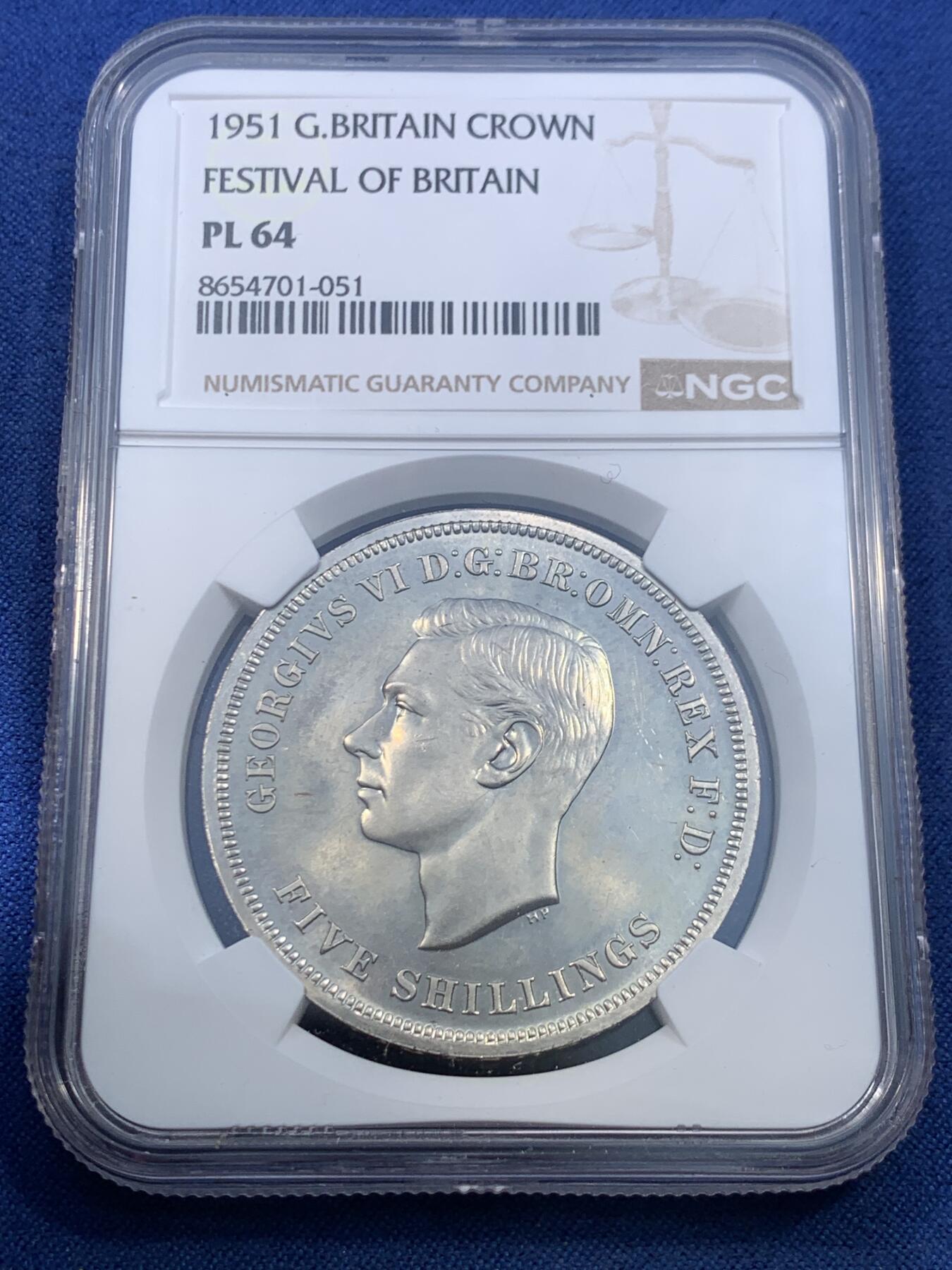 《竞宝斋》第475场 周日，周一 2场连拍 （全场包邮）欢迎送拍 NGC PL64 英国1951年乔治六世镍马剑克朗 最后的马剑 状态不错