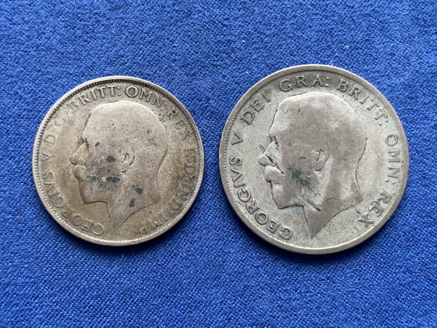 《竞宝斋》第475场 周日，周一 2场连拍 （全场包邮）欢迎送拍 两枚一组 英国乔五银币 1921年半克朗+1924年1弗罗林 总重24.45克