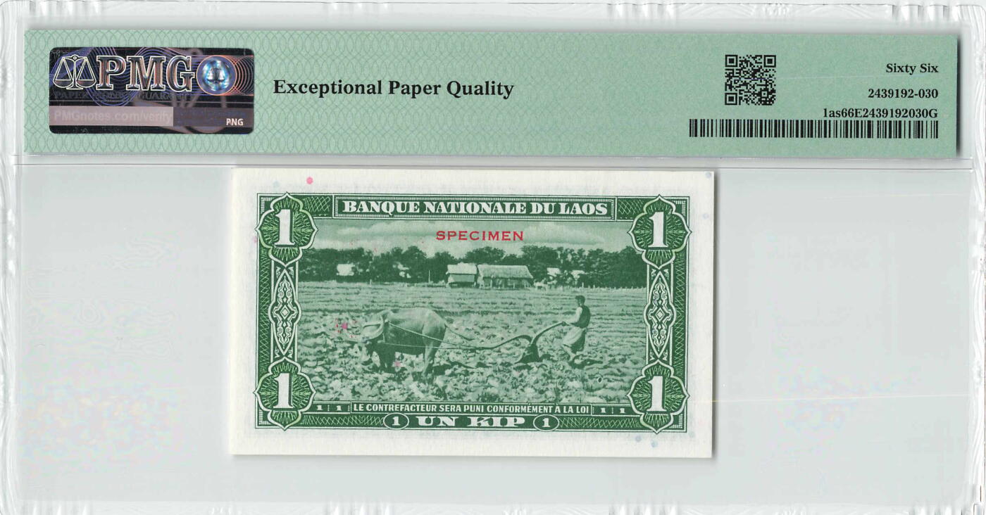 小福收藏拍卖第204期 评级币精选场 本期有 荷兰经典AA冠拿杯子的蛇 叙利亚世遗帕尔米拉古城豹子号冠军分 法国红衣主教冠军分 意大利经典达芬奇   白俄罗斯 "Millennium" 纪念版AA冠全同千位号全套  南斯拉夫铁托未发行版 美国 墨西哥 越南 法属印度支那等多国精美高分珍稀老钞精品纸币 老挝 1957年 1基普 美钞版 少见样钞 PMG66 EPQ 季军分