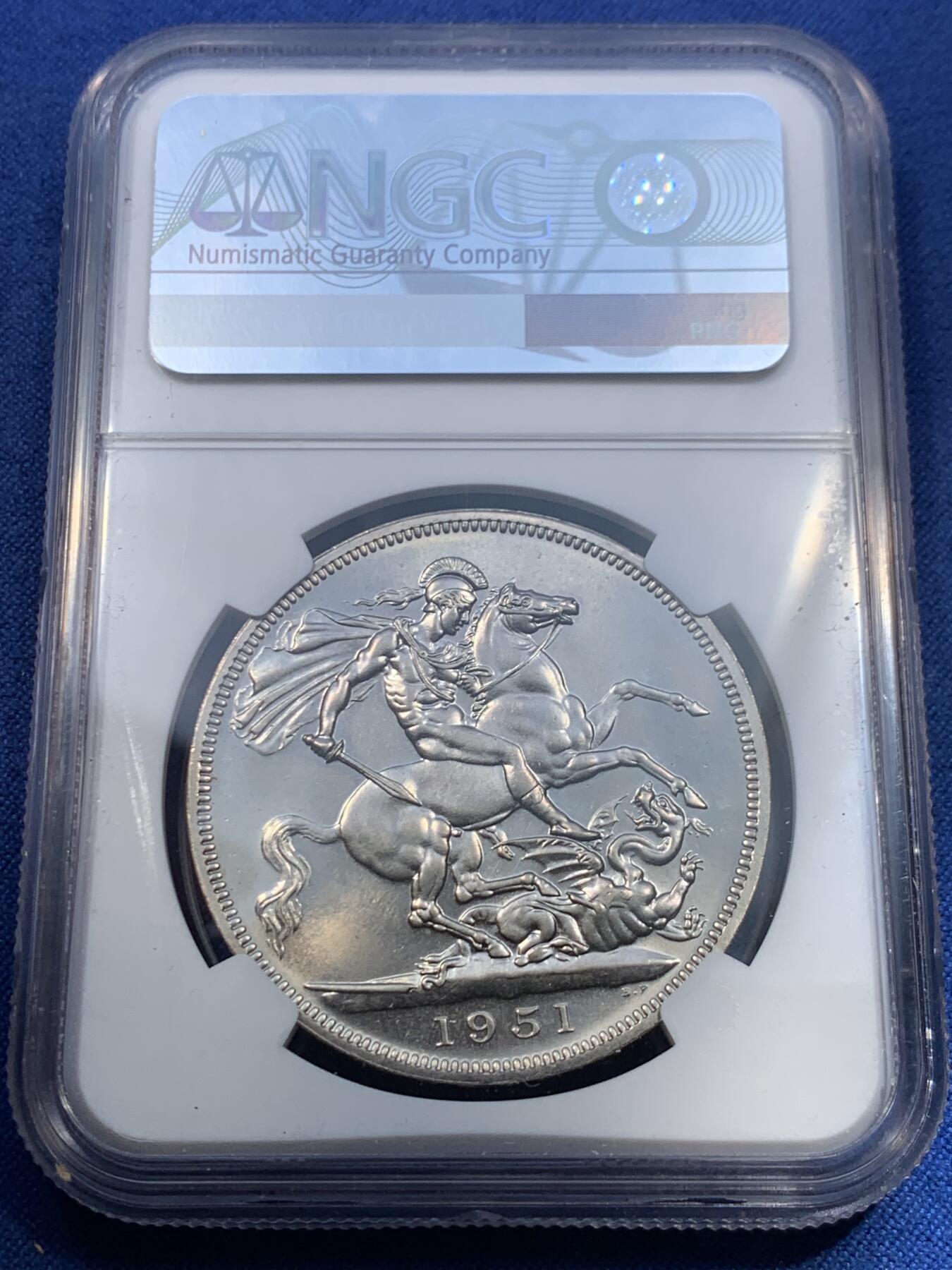 《竞宝斋》第475场 周日，周一 2场连拍 （全场包邮）欢迎送拍 NGC PL64 英国1951年乔治六世镍马剑克朗 最后的马剑 状态不错