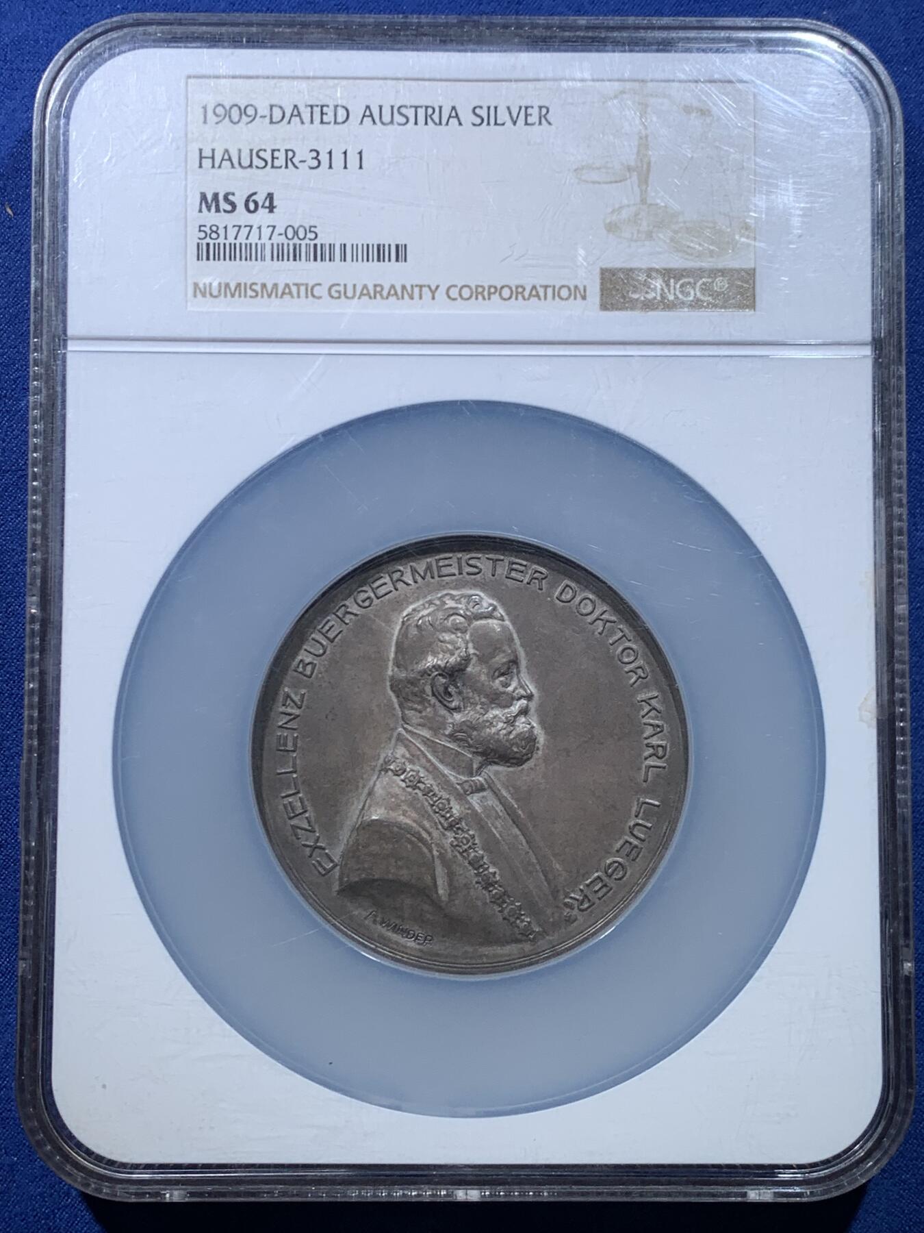 《竞宝斋》第475场 周日，周一 2场连拍 （全场包邮）欢迎送拍 NGC MS64 奥地利维也纳市长卡尔·吕格尔博士纪念银章 加大加厚盒