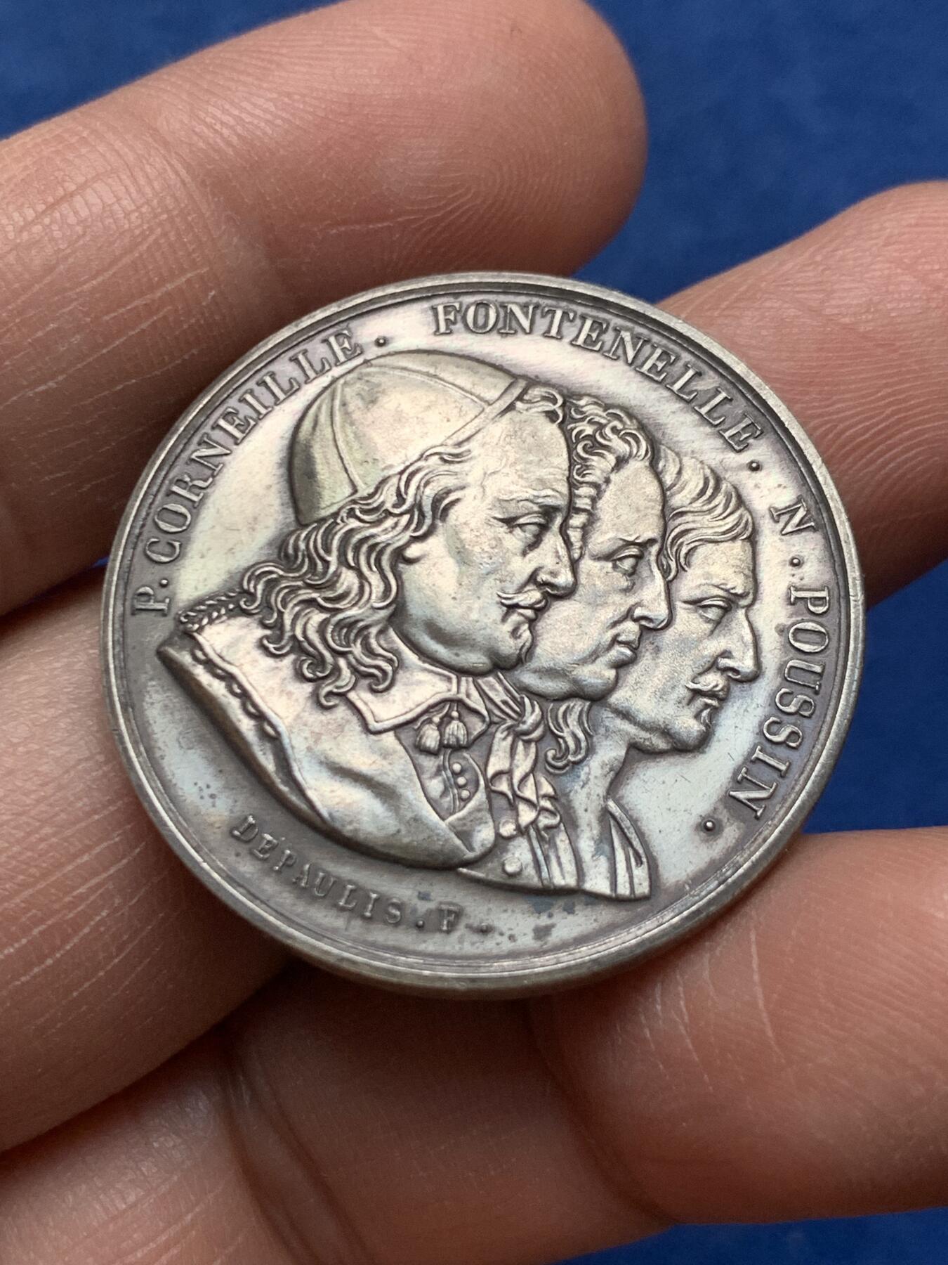 《竞宝斋》第475场 周日，周一 2场连拍 （全场包邮）欢迎送拍 法国鲁昂皇家科学院成立纪念银章 重19.35克 32.8mm 丰饶角1银标