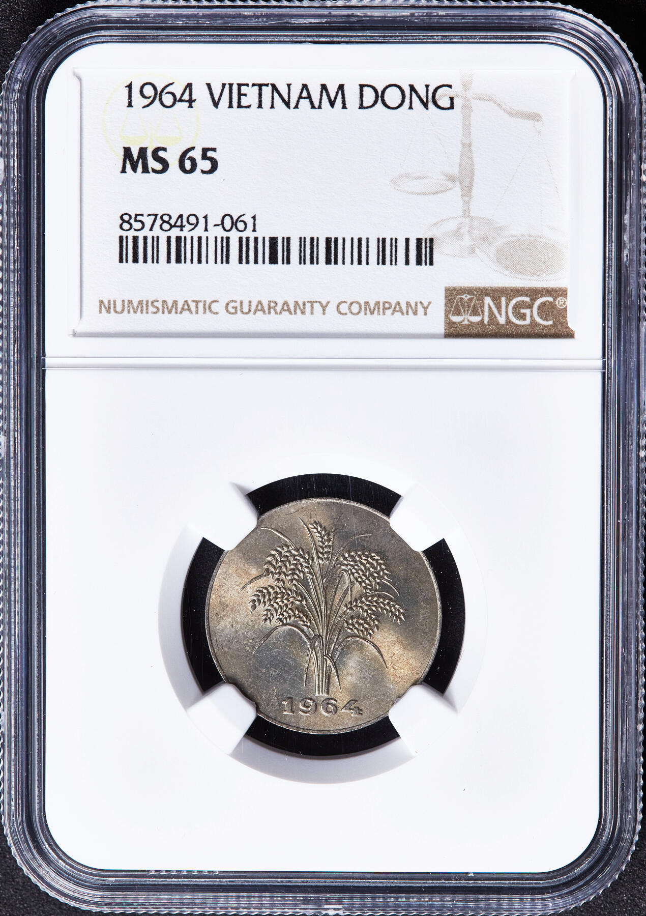 【俄甄集藏】2026年(050)04-01星期三 晚 19:30 全场包邮 越南1964年麦穗1盾镍币，NGC MS65，黄油彩，转光品相，亚军