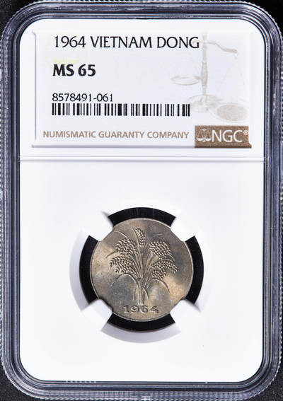 【俄甄集藏】2026年(050)04-01星期三 晚 19:30 全场包邮 - 越南1964年麦穗1盾镍币，NGC MS65，黄油彩，转光品相，亚军