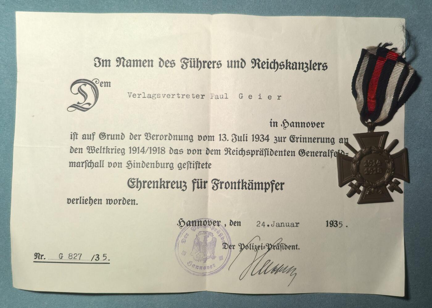 盛世勋华——号角文化勋章邮票专场拍卖第311期 德国（1918）佩剑兴登堡奖章 带厂标 实发带证书