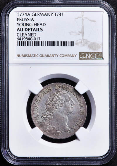【俄甄集藏】2026年(050)04-01星期三 晚 19:30 全场包邮 - 神圣罗马帝国-德国普鲁士1774年A版腓特烈二世大帝1/3泰勒银币，NGC AUD，原味老包浆，细节犀利，疑似错杀，少见品种