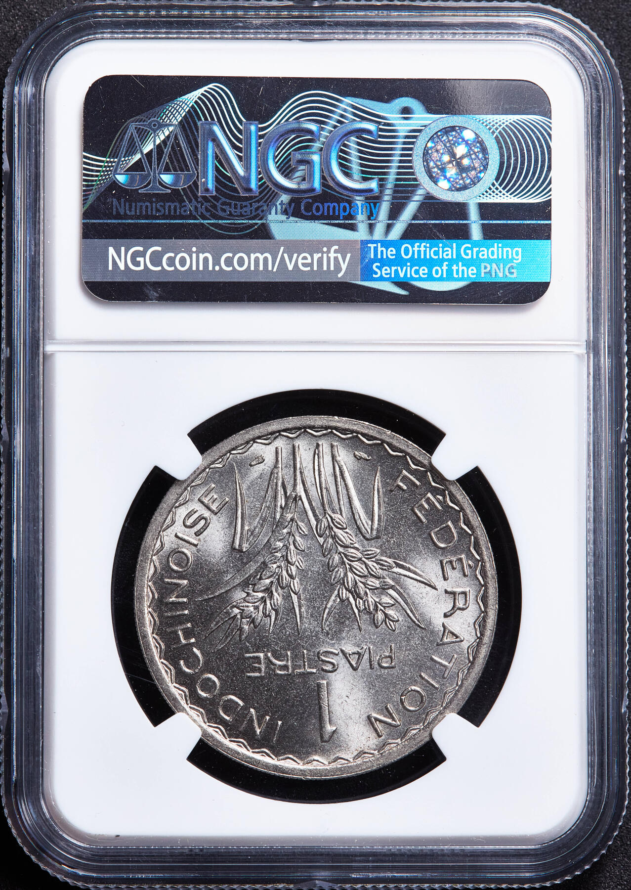 【俄甄集藏】2026年(050)04-01星期三 晚 19:30 全场包邮 法属印度支那1947年1皮阿斯特镍币，NGC MS65，顶级状态，转光品相