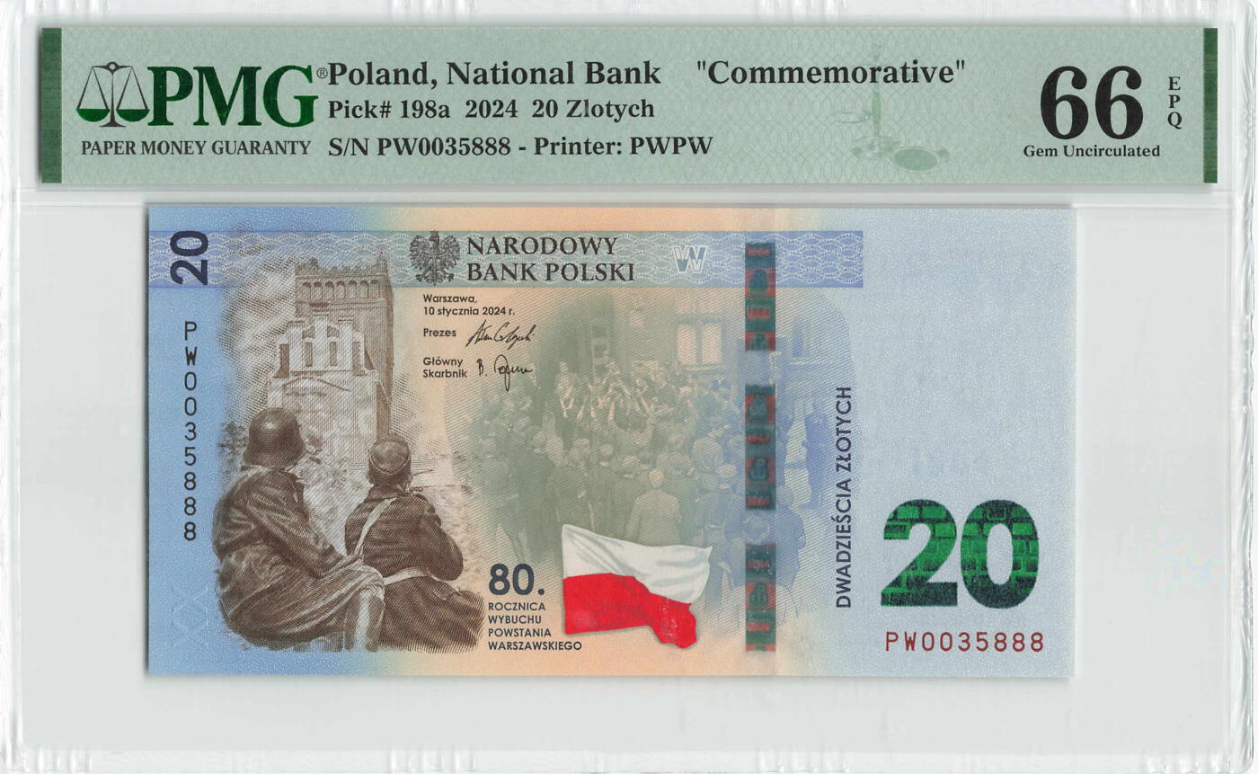 小福收藏拍卖第204期 评级币精选场 本期有 荷兰经典AA冠拿杯子的蛇 叙利亚世遗帕尔米拉古城豹子号冠军分 法国红衣主教冠军分 意大利经典达芬奇   白俄罗斯 "Millennium" 纪念版AA冠全同千位号全套  南斯拉夫铁托未发行版 美国 墨西哥 越南 法属印度支那等多国精美高分珍稀老钞精品纸币 波兰 2024年 20兹罗提 纪念钞 无47 豹子号888 PMG66 EPQ 季军分