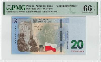 小福收藏拍卖第204期 评级币精选场 本期有 荷兰经典AA冠拿杯子的蛇 叙利亚世遗帕尔米拉古城豹子号冠军分 法国红衣主教冠军分 意大利经典达芬奇   白俄罗斯 "Millennium" 纪念版AA冠全同千位号全套  南斯拉夫铁托未发行版 美国 墨西哥 越南 法属印度支那等多国精美高分珍稀老钞精品纸币 - 波兰 2024年 20兹罗提 纪念钞 无47 豹子号888 PMG66 EPQ 季军分