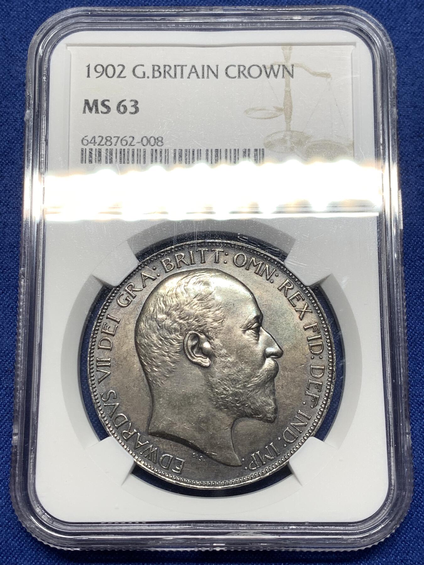 《竞宝斋》第475场 周日，周一 2场连拍 （全场包邮）欢迎送拍 NGC MS63 英国1902年爱德华七世马剑一克朗 双面深彩包浆