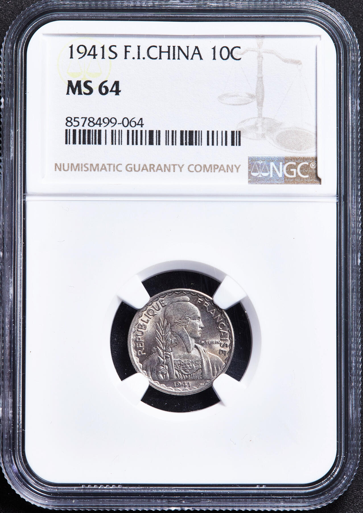 【俄甄集藏】2026年(050)04-01星期三 晚 19:30 全场包邮 法属印度支那1941年S版10分镍币，NGC MS64，转光品相