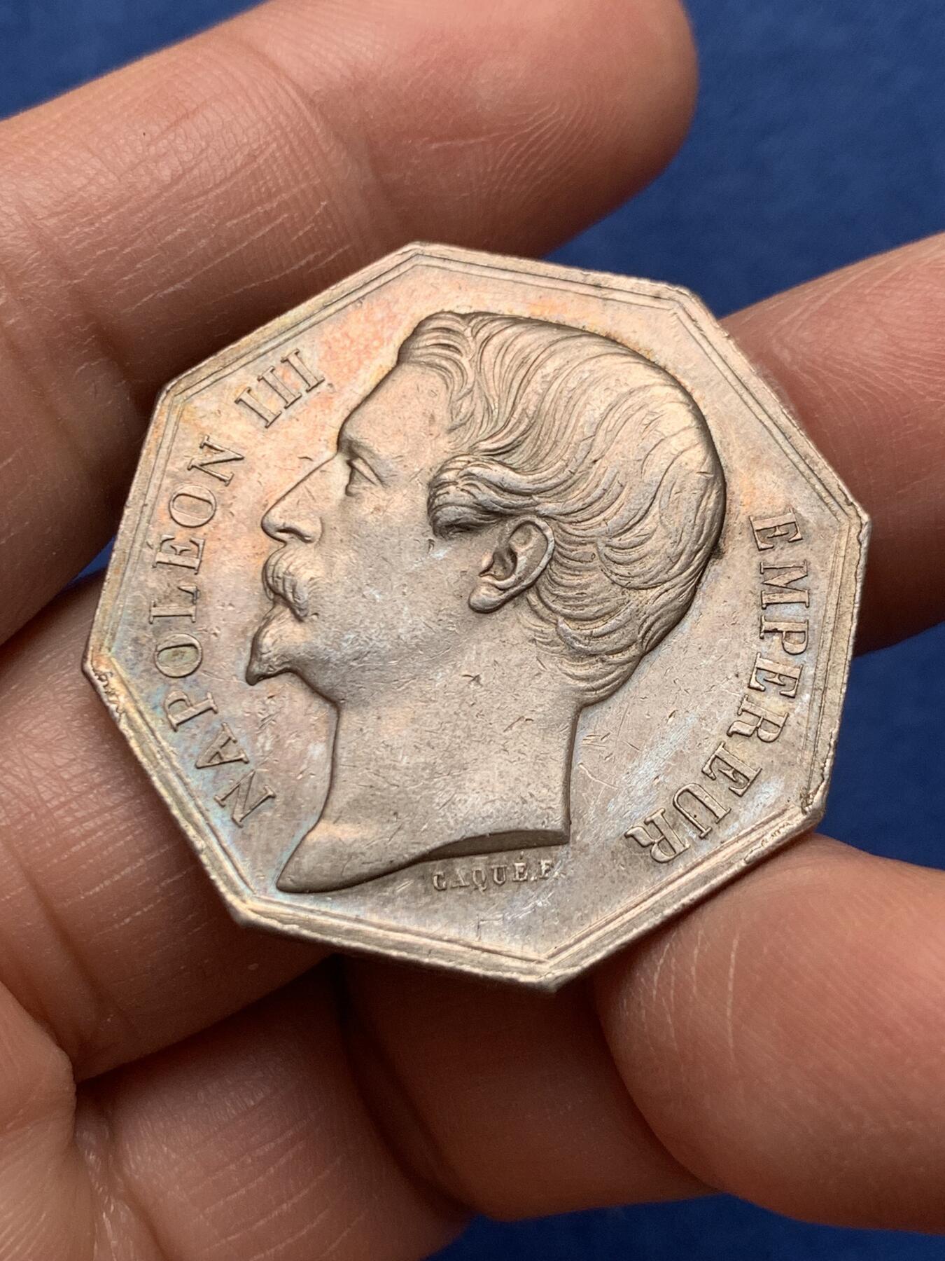 《竞宝斋》第475场 周日，周一 2场连拍 （全场包邮）欢迎送拍 法国拿破仑三世波尔多商业八角银质代币，蜜蜂ARGENT，20.35克，33.2mm