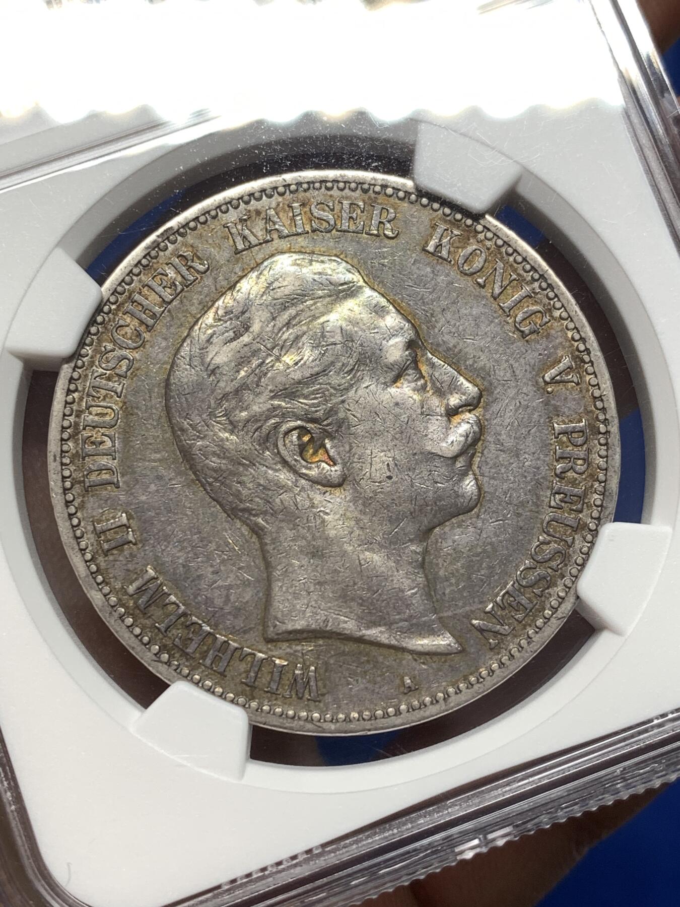 《竞宝斋》第475场 周日，周一 2场连拍 （全场包邮）欢迎送拍 NGC XFD 德国1904年威廉二世5马克银币