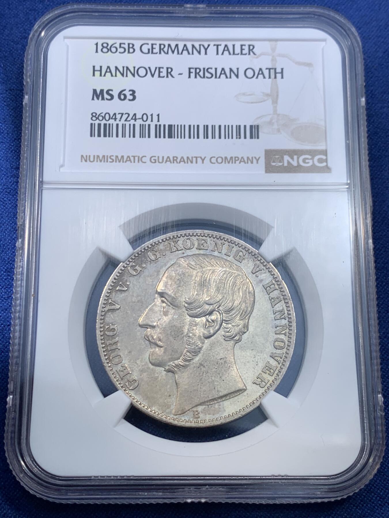 《竞宝斋》第475场 周日，周一 2场连拍 （全场包邮）欢迎送拍 NGC MS63 德国汉诺威1865橡树泰勒银币 实物PL质感 状态很不错 泰勒名誉品 铸造量2000枚 季军分