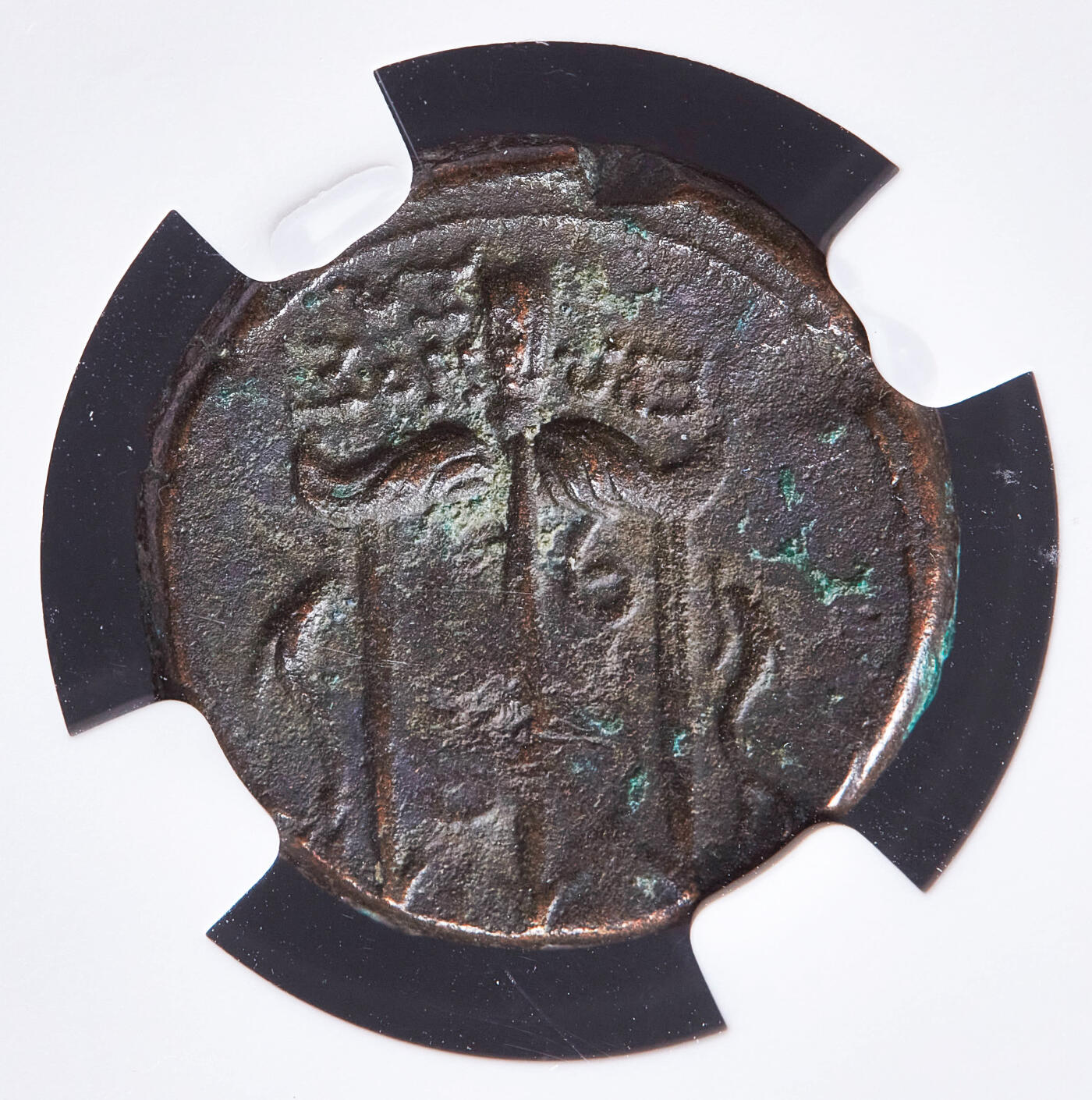 【俄甄集藏】2026年(050)04-01星期三 晚 19:30 全场包邮 古希腊西西里岛叙拉古公元前275-前216年希伦二世海神波塞冬双鱼座铜币，NGC XF，正面海神波塞冬束发头像，他是双鱼座的守护神，背面是波塞冬的法器三叉戟，两侧各有一只海豚，NGC海神特殊标签，细节犀利