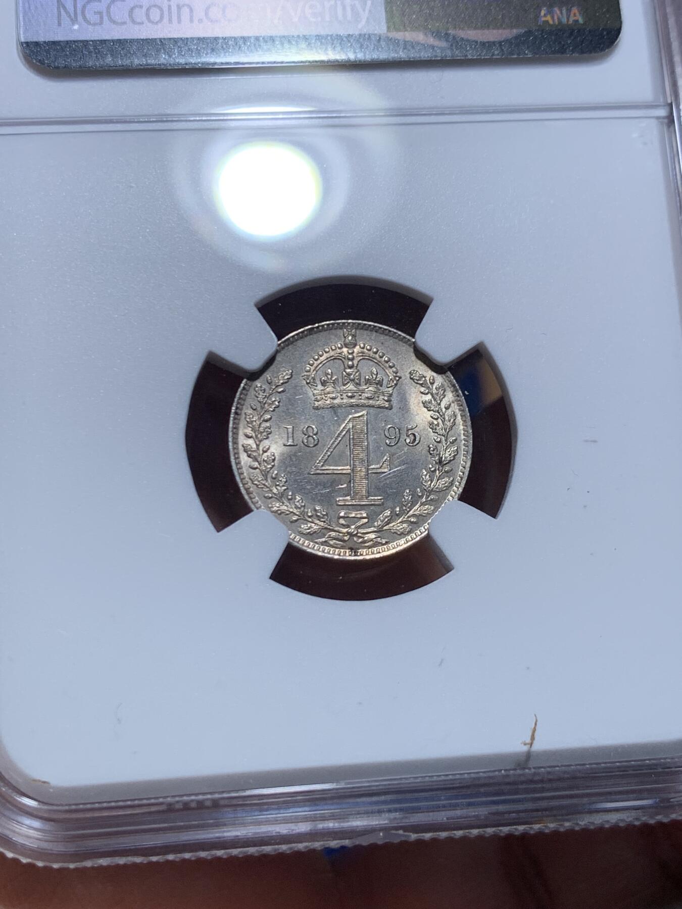《竞宝斋》第475场 周日，周一 2场连拍 （全场包邮）欢迎送拍 四枚一组 NGC UNC-MS63 英国1895年维多利亚披纱濯足币 1-4便士银币