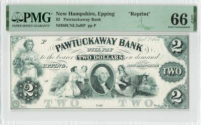 小福收藏拍卖第204期 评级币精选场 本期有 荷兰经典AA冠拿杯子的蛇 叙利亚世遗帕尔米拉古城豹子号冠军分 法国红衣主教冠军分 意大利经典达芬奇   白俄罗斯 "Millennium" 纪念版AA冠全同千位号全套  南斯拉夫铁托未发行版 美国 墨西哥 越南 法属印度支那等多国精美高分珍稀老钞精品纸币 - 美国 新罕布什尔 埃平 Pawtuckaway银行 2美元 绿色油墨薄纸版 重印 PMG66 EPQ