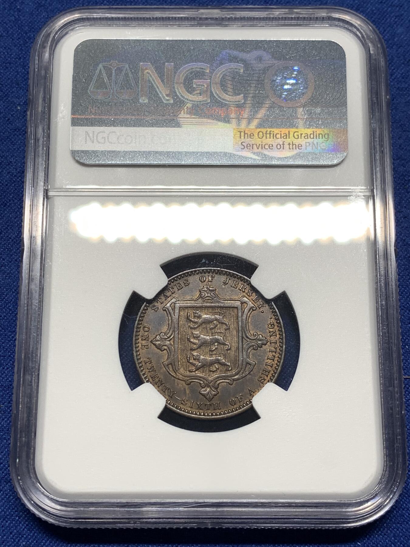 《竞宝斋》第475场 周日，周一 2场连拍 （全场包邮）欢迎送拍 NGC MS61BN 英国泽西岛1866年1/26先令铜币 细节不错