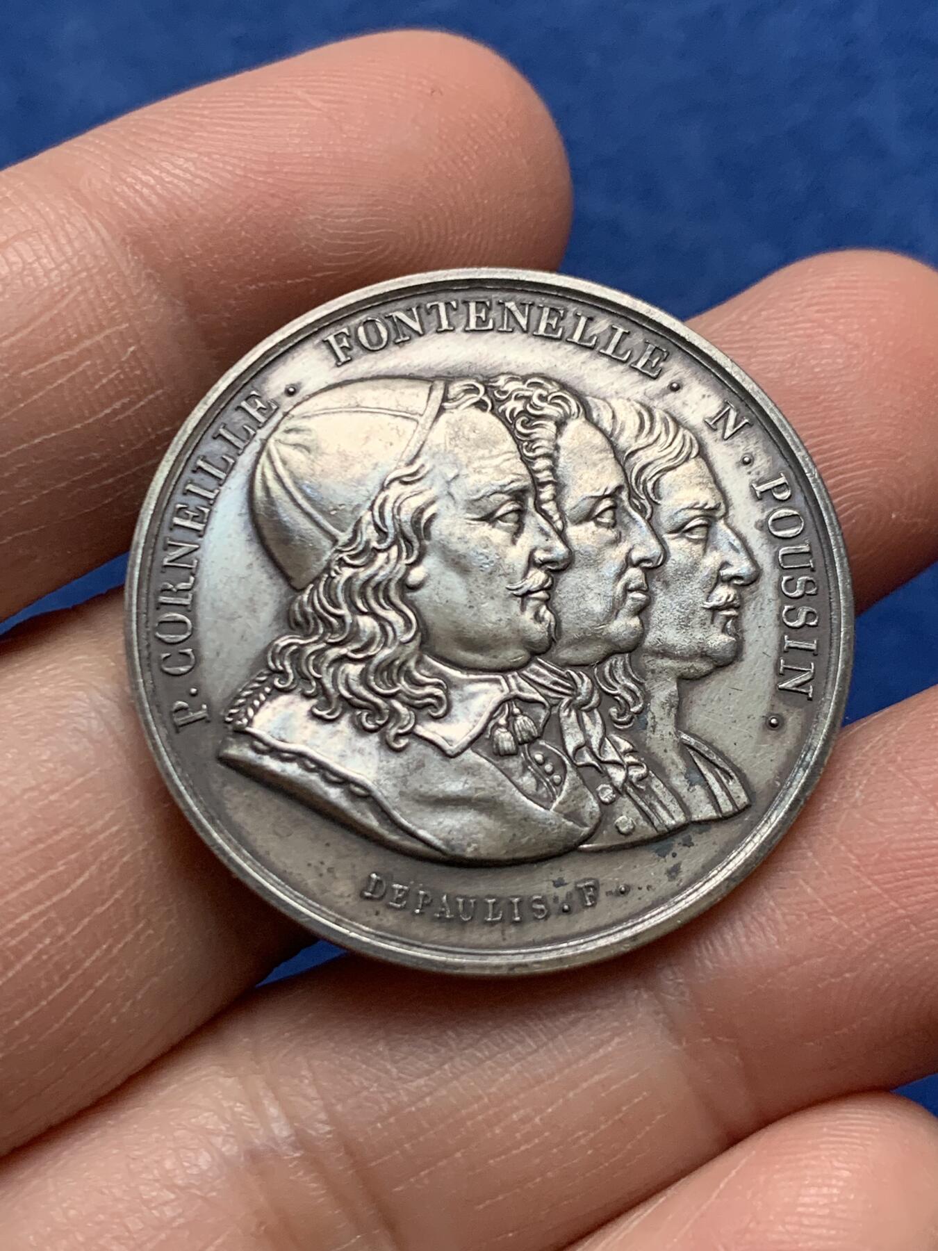 《竞宝斋》第475场 周日，周一 2场连拍 （全场包邮）欢迎送拍 法国鲁昂皇家科学院成立纪念银章 重19.35克 32.8mm 丰饶角1银标