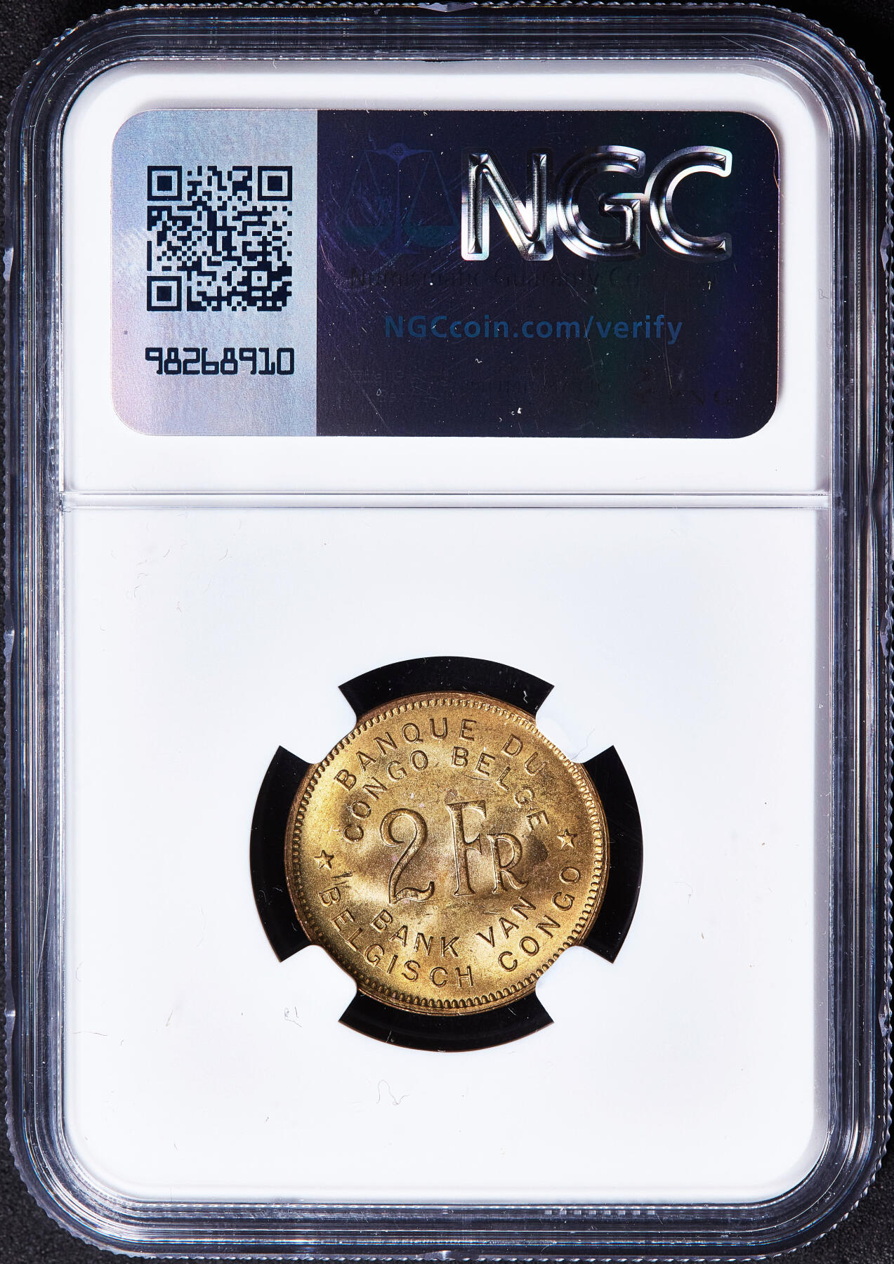 【俄甄集藏】2026年(050)04-01星期三 晚 19:30 全场包邮 比属刚果1947年大象2法郎铜币，NGC MS63，转光品相