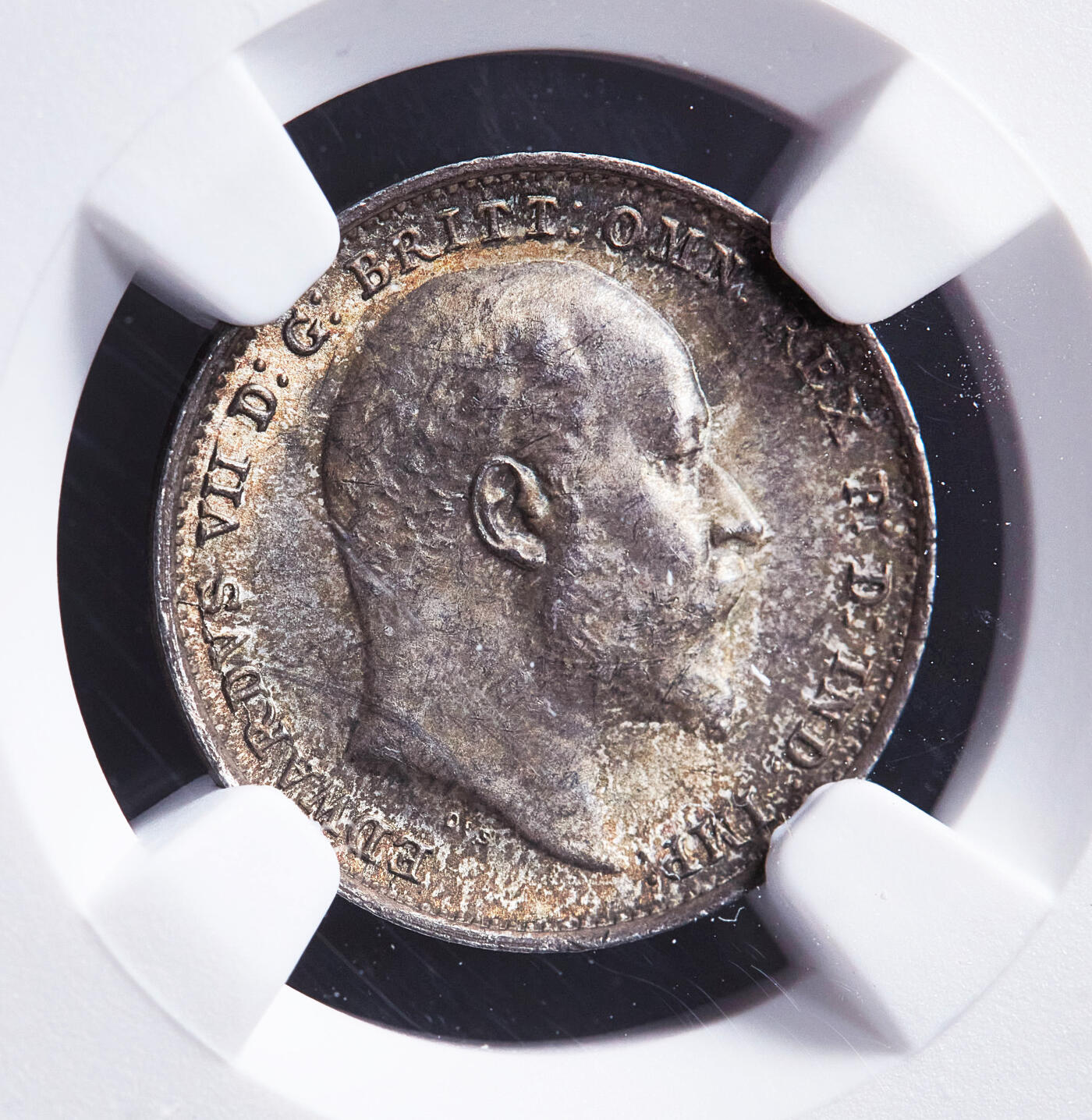 【俄甄集藏】2026年(050)04-01星期三 晚 19:30 全场包邮 英国1902年爱德华七世3便士银币，NGC MS64，黄油五彩，转光品相