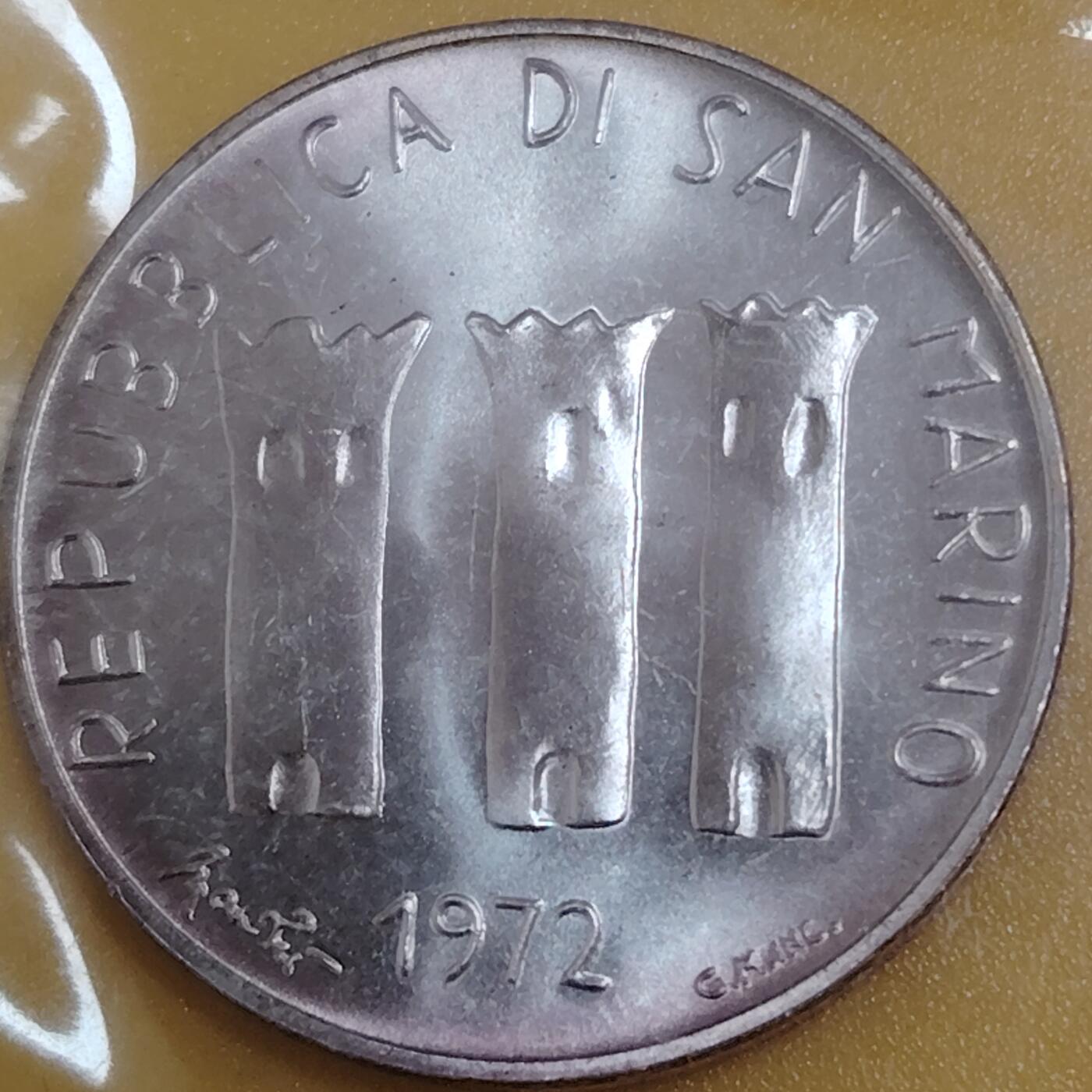 布加迪🐬～世界钱币(上海)🌾第 284 期 /  各国套币和散币 圣马力诺🇸🇲 1972年 500里拉银币