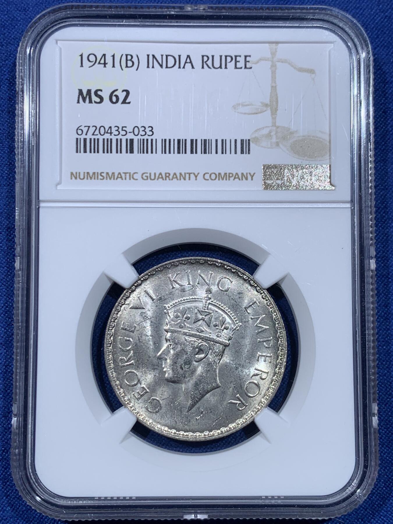 《竞宝斋》第475场 周日，周一 2场连拍 （全场包邮）欢迎送拍 NGC MS62 英属印度1941年乔治六世1卢比银币