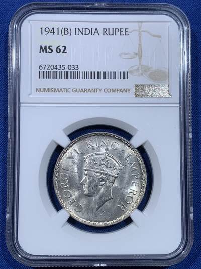 《竞宝斋》第475场 周日，周一 2场连拍 （全场包邮）欢迎送拍 - NGC MS62 英属印度1941年乔治六世1卢比银币