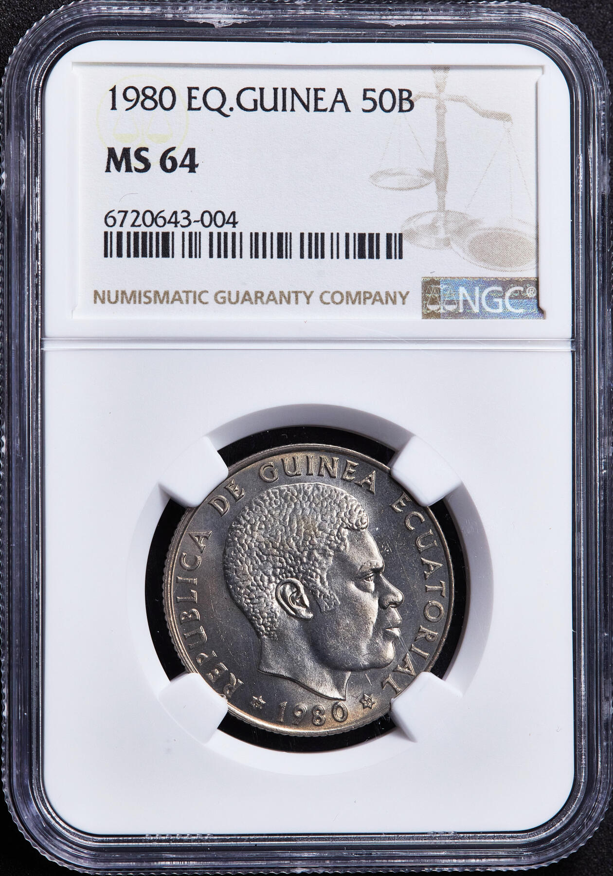 【俄甄集藏】2026年(050)04-01星期三 晚 19:30 全场包邮 赤道几内亚1980年政变首脑特奥多罗·奥比昂·恩圭马·姆巴索戈头像版1-50依库雷硬币4枚全套，NGC MS63-MS65，大量回炉销毁，好品难寻，全套MS稀有