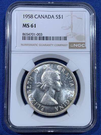 《竞宝斋》第475场 周日，周一 2场连拍 （全场包邮）欢迎送拍 - NGC MS61 加拿大1958年不列颠哥伦比亚省百年纪念1元银币 伊丽莎白女王年轻头像+原住民图腾