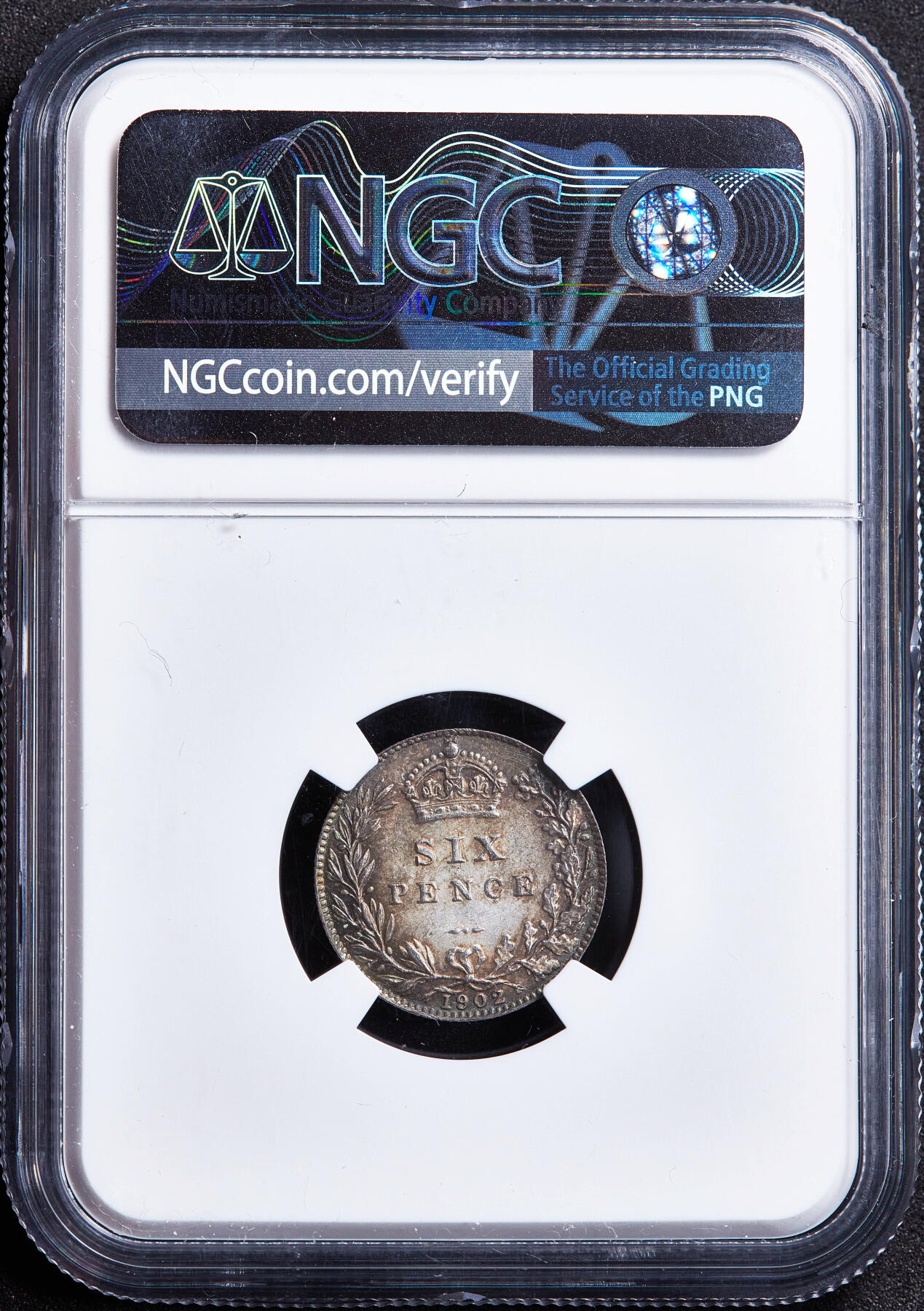 【俄甄集藏】2026年(050)04-01星期三 晚 19:30 全场包邮 英国1902年爱德华七世6便士银币，NGC MS64，五彩包浆，转光品相