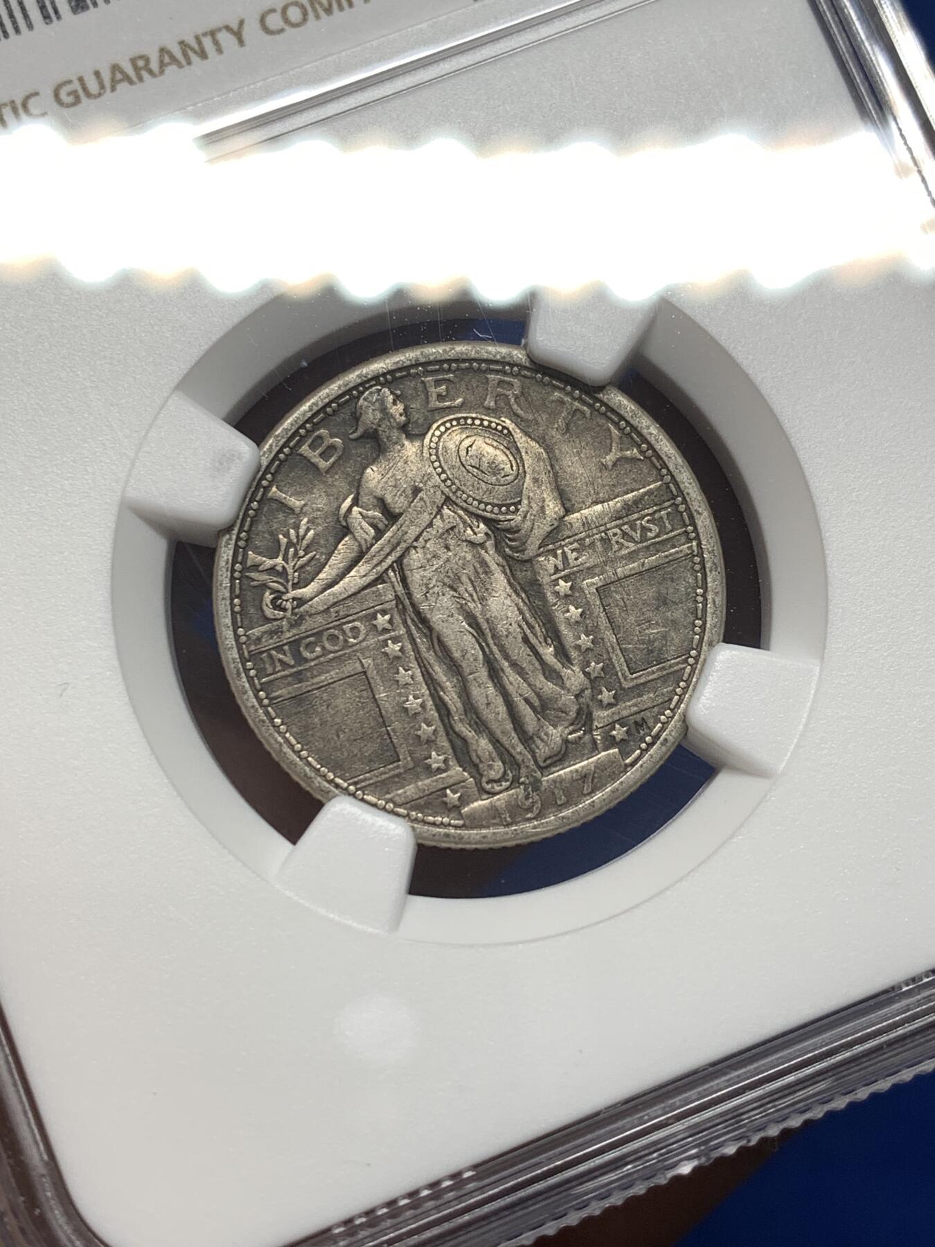 《竞宝斋》第475场 周日，周一 2场连拍 （全场包邮）欢迎送拍 NGC VFD 美国1917年type 1版本25美分银币，NGC错标成type 2，实际是鹰下无星type 1版本，仅发行两年。具体版别自辨