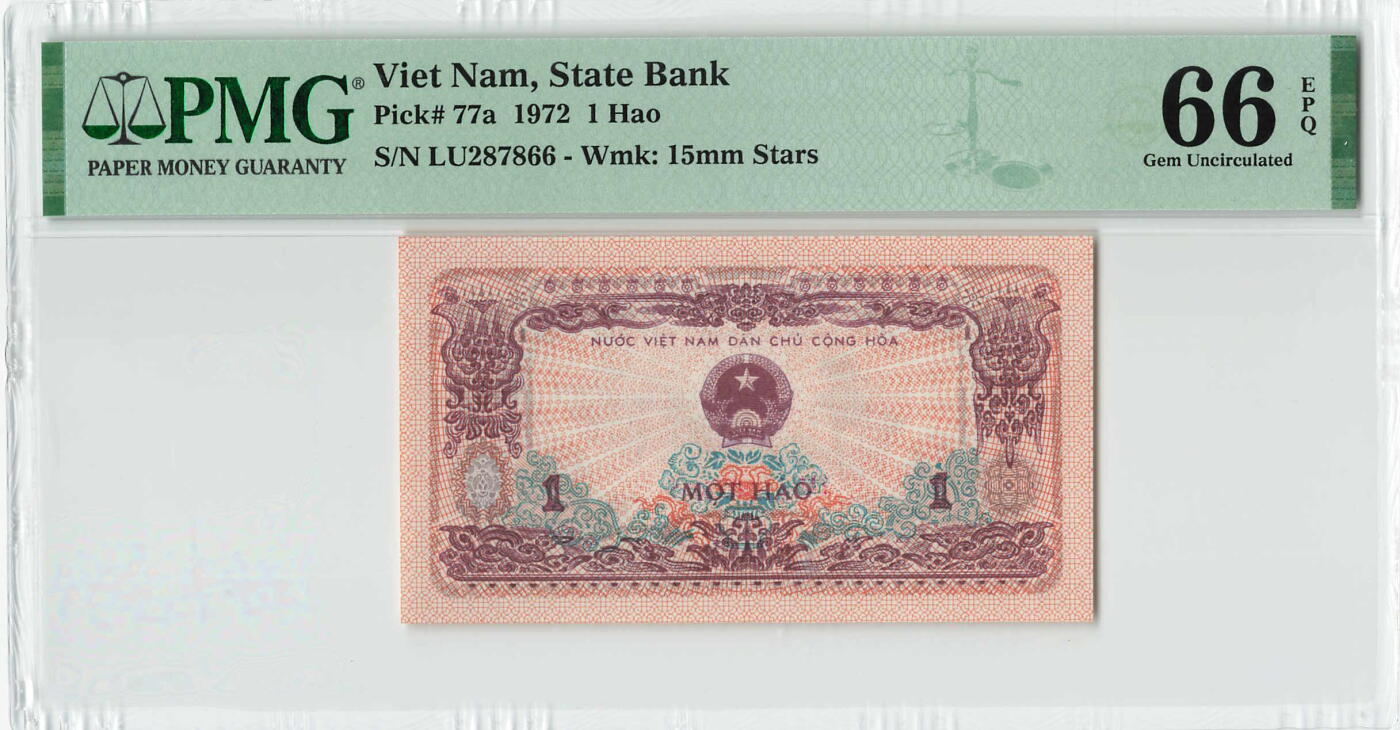 小福收藏拍卖第204期 评级币精选场 本期有 荷兰经典AA冠拿杯子的蛇 叙利亚世遗帕尔米拉古城豹子号冠军分 法国红衣主教冠军分 意大利经典达芬奇   白俄罗斯 "Millennium" 纪念版AA冠全同千位号全套  南斯拉夫铁托未发行版 美国 墨西哥 越南 法属印度支那等多国精美高分珍稀老钞精品纸币 越南 1972年 1毫 养猪 小五星水印 a版 双尾866 PMG66 EPQ 季军分