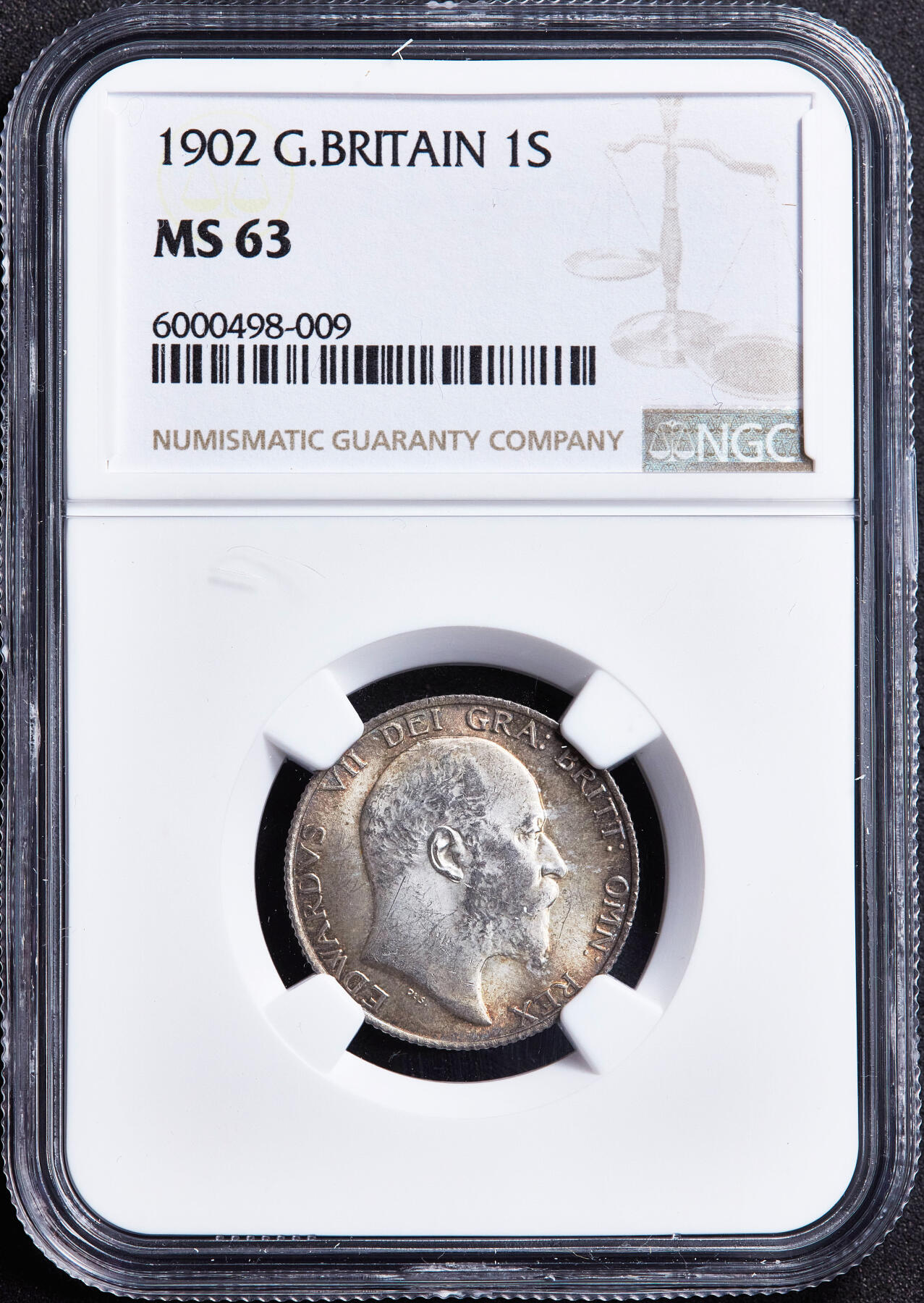 【俄甄集藏】2026年(050)04-01星期三 晚 19:30 全场包邮 英国1902年爱德华七世1先令银币，NGC MS63，黄油五彩，转光品相