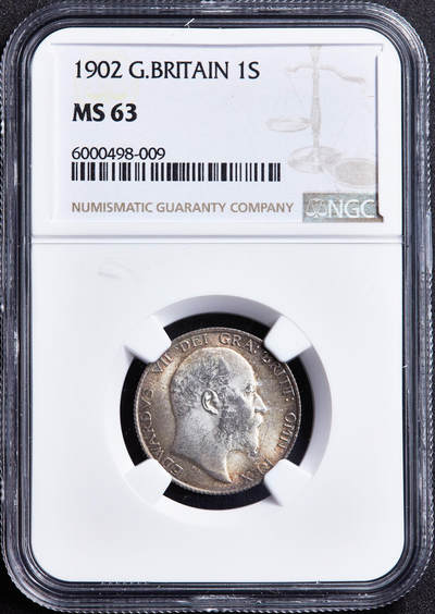 【俄甄集藏】2026年(050)04-01星期三 晚 19:30 全场包邮 - 英国1902年爱德华七世1先令银币，NGC MS63，黄油五彩，转光品相