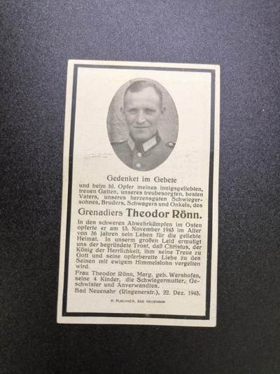 云宸嘉赏-勋臻文献佳藏优品精选场次（低佣 转发佣金红包） - 掷弹兵特奥多尔・伦恩（43年11月于东线阵亡）留下了他的遗孀和四个孩子 