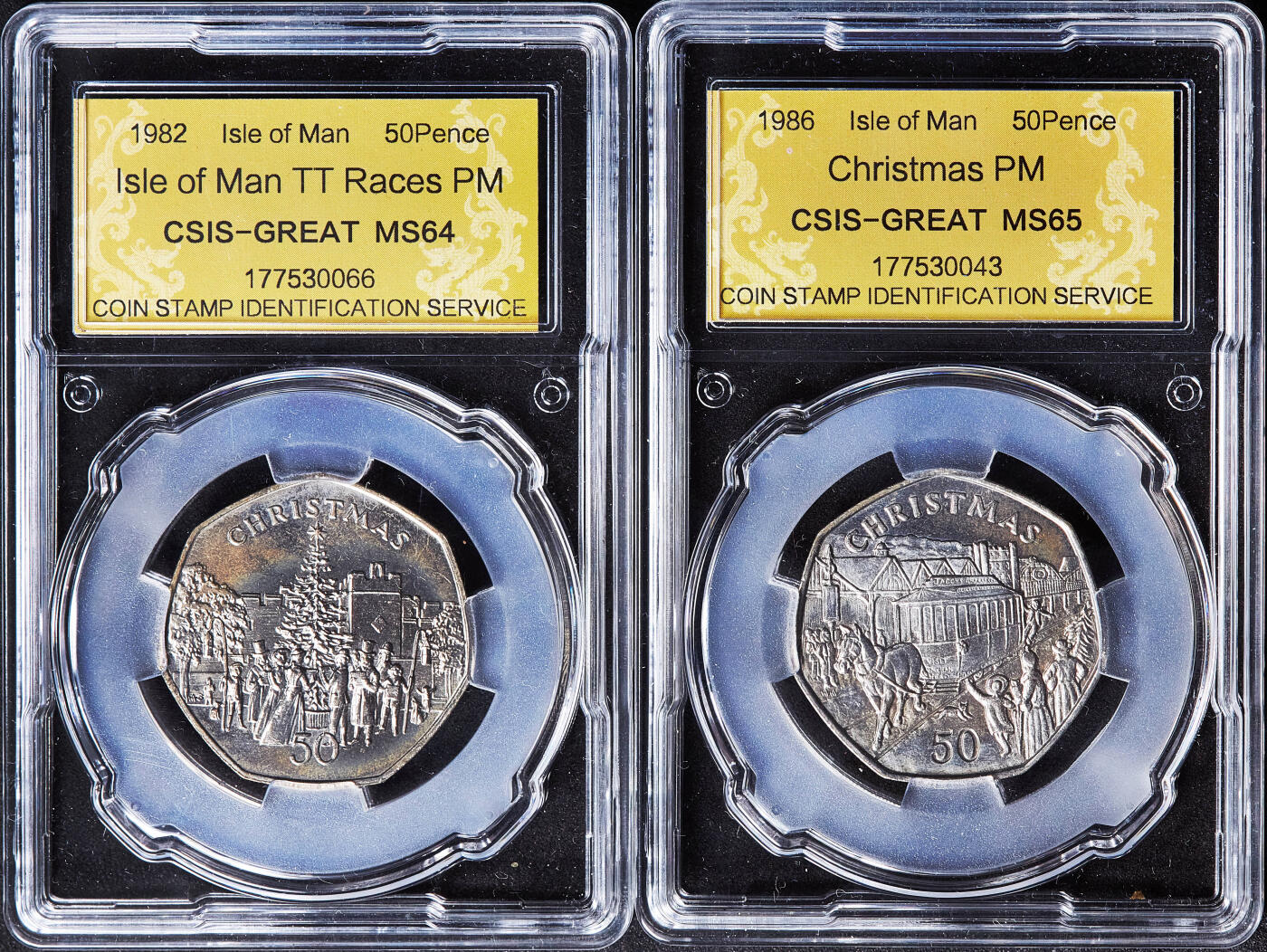 【俄甄集藏】2026年(050)04-01星期三 晚 19:30 全场包邮 英属马恩岛1980-1988年圣诞节50便士纪念币10枚一组，信泰 MS64-MS66，发行量均为30000枚